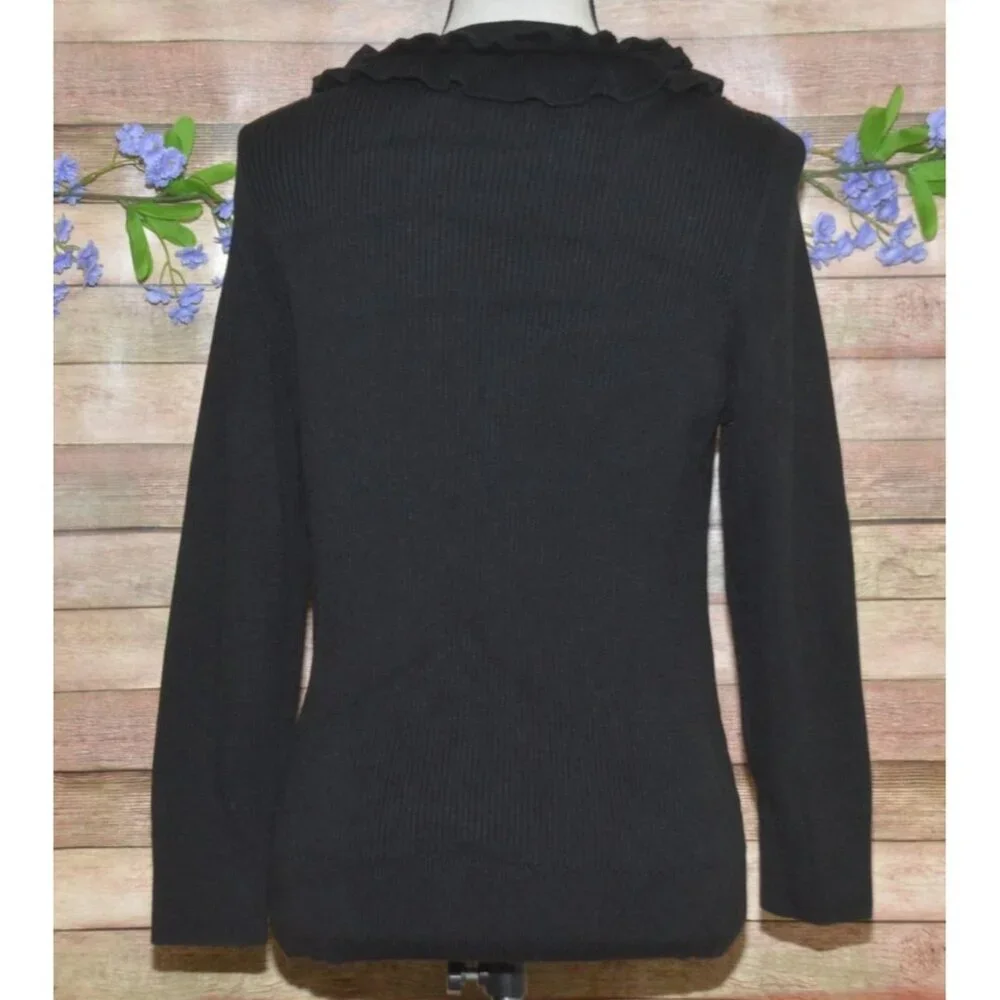 Talbots Black Ruffle Front Button Up V-Neck Ribbed Cardigan Sweater Size L - Picture 5 of 9